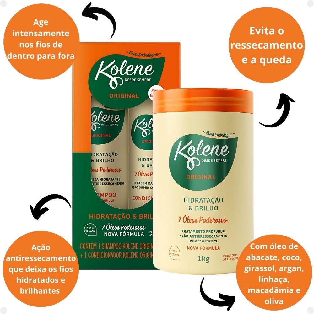 Kit Kolene Original Hidratação e Brilho: Shampoo 300ml e Condicionador 200ml + Creme de Tratamento 1Kg ÚNICO 2