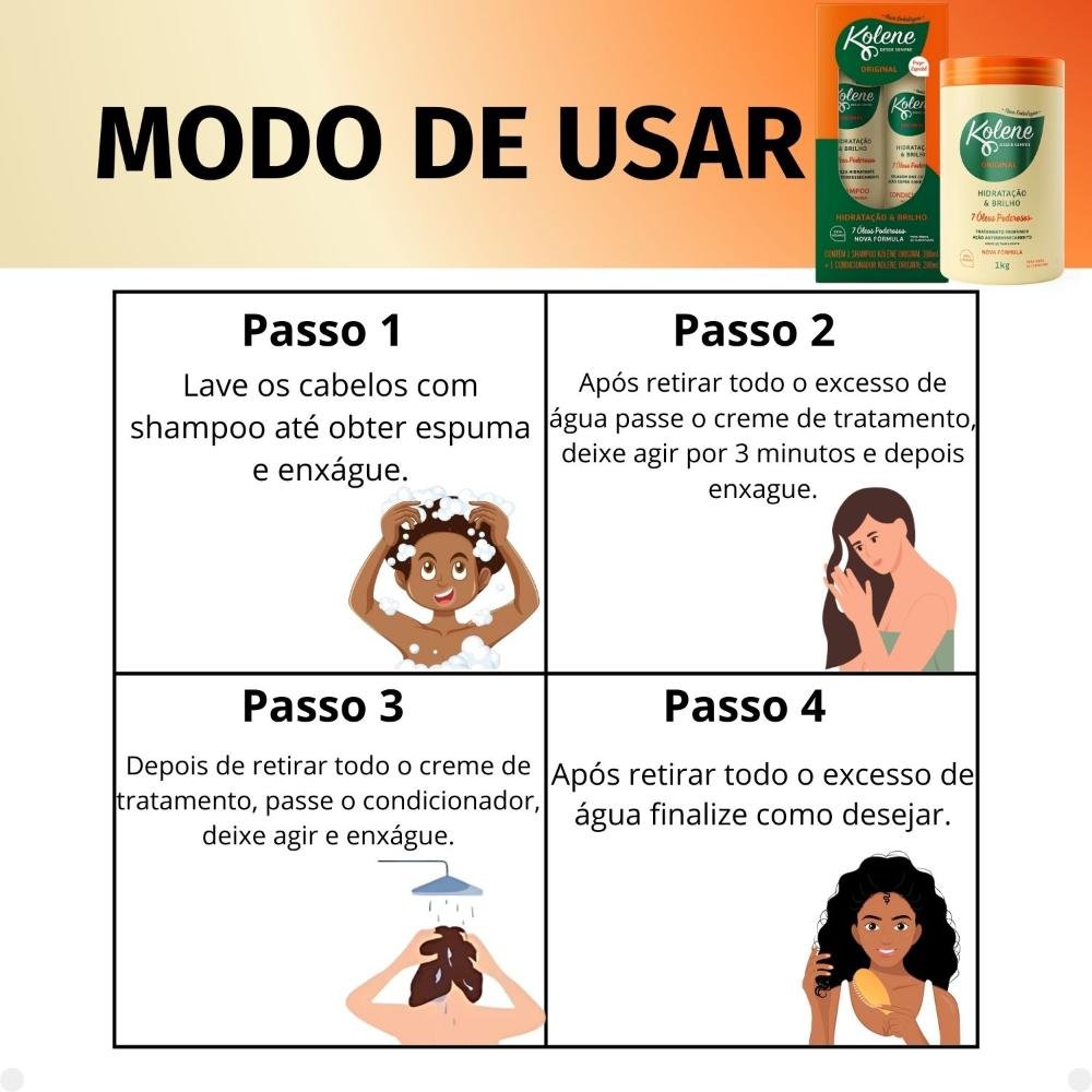 Kit Kolene Original Hidratação e Brilho: Shampoo 300ml e Condicionador 200ml + Creme de Tratamento 1Kg ÚNICO 5