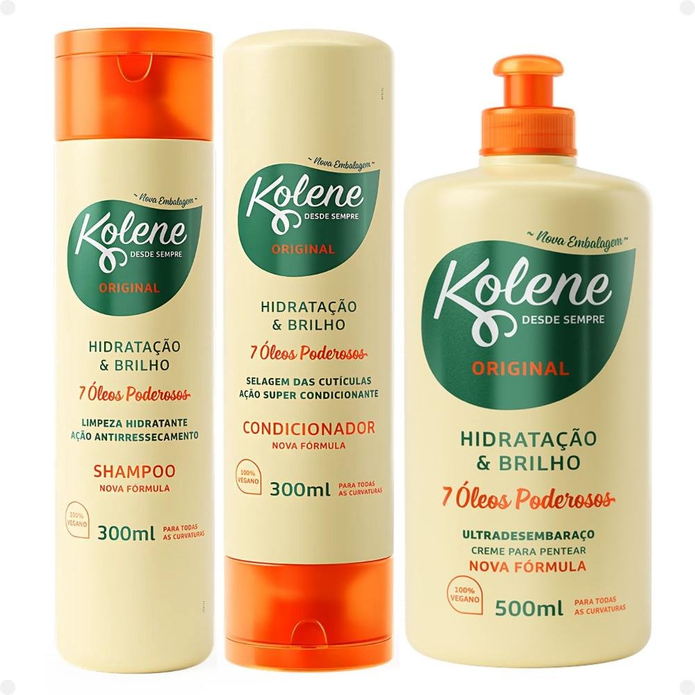 Kit Kolene Original Hidratação e Brilho: Shampoo, Condicionador 300ml e Creme para Pentear 500ml ÚNICO 1