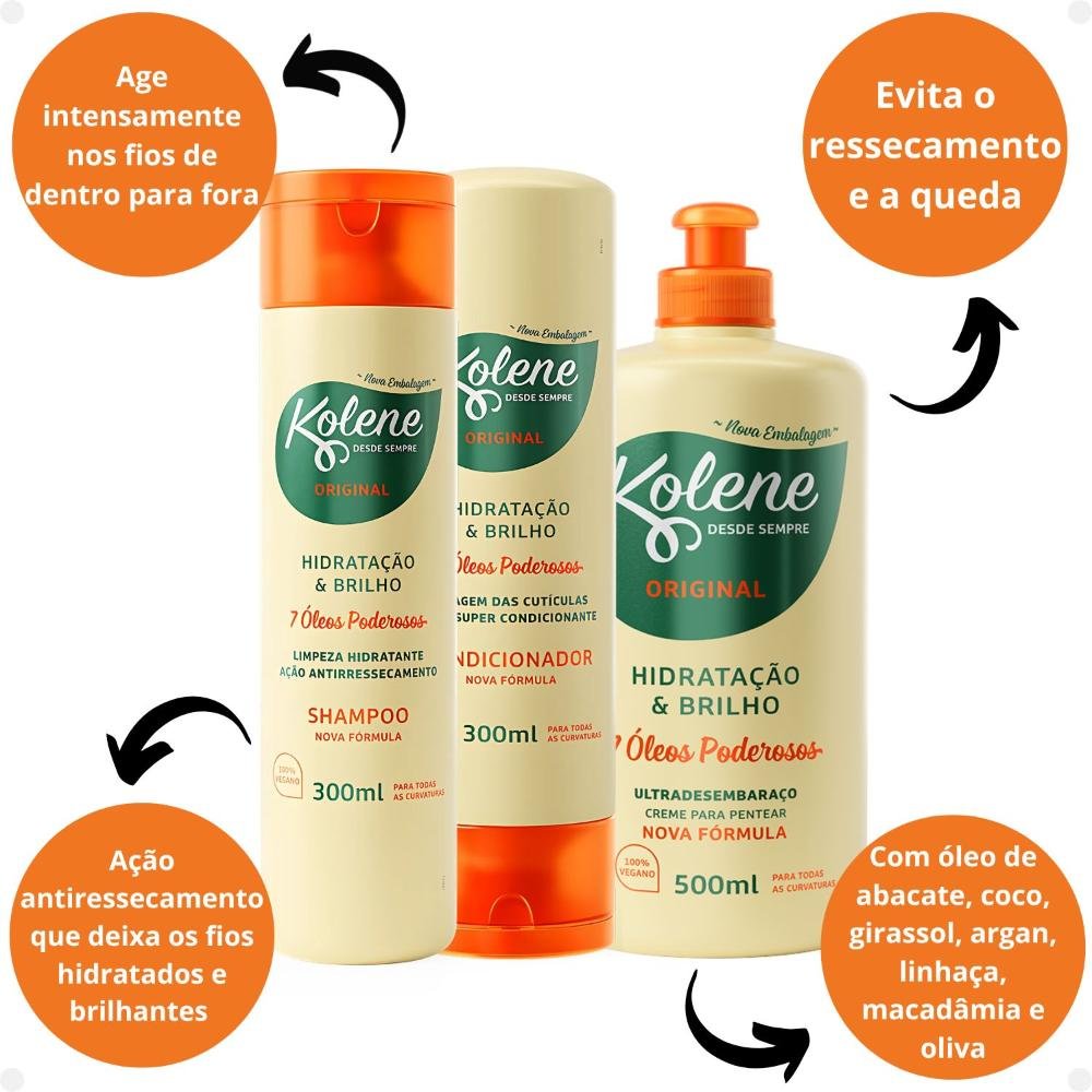 Kit Kolene Original Hidratação e Brilho: Shampoo, Condicionador 300ml e Creme para Pentear 500ml ÚNICO 2