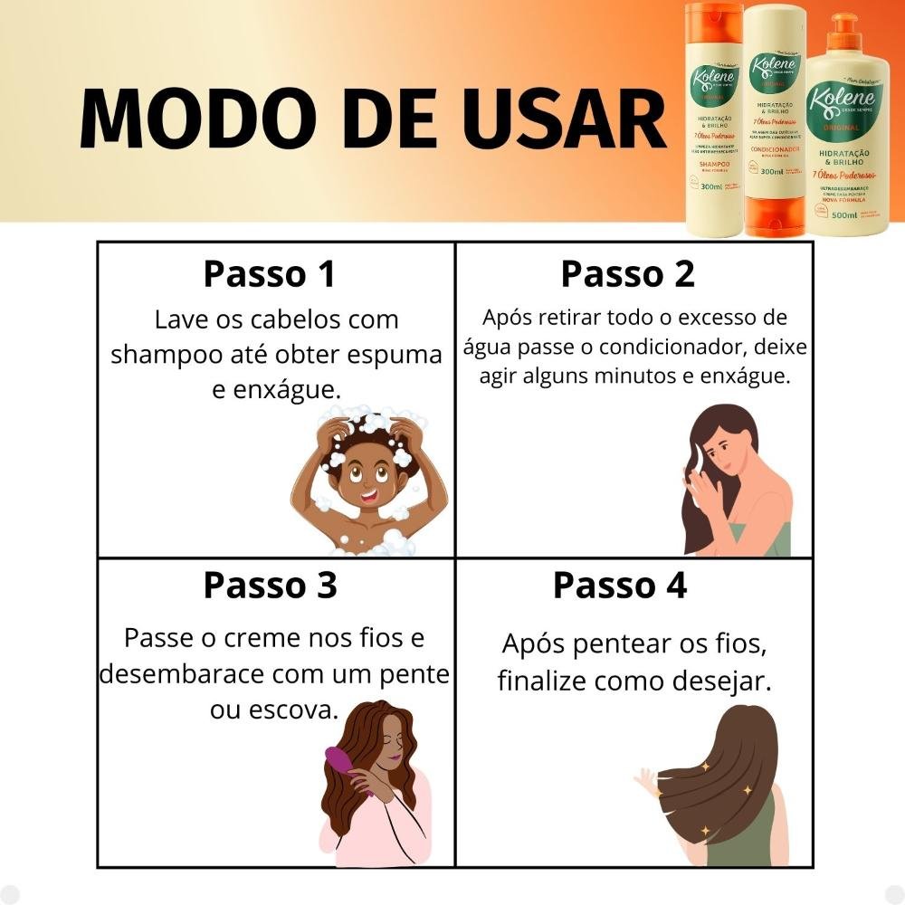 Kit Kolene Original Hidratação e Brilho: Shampoo, Condicionador 300ml e Creme para Pentear 500ml ÚNICO 6