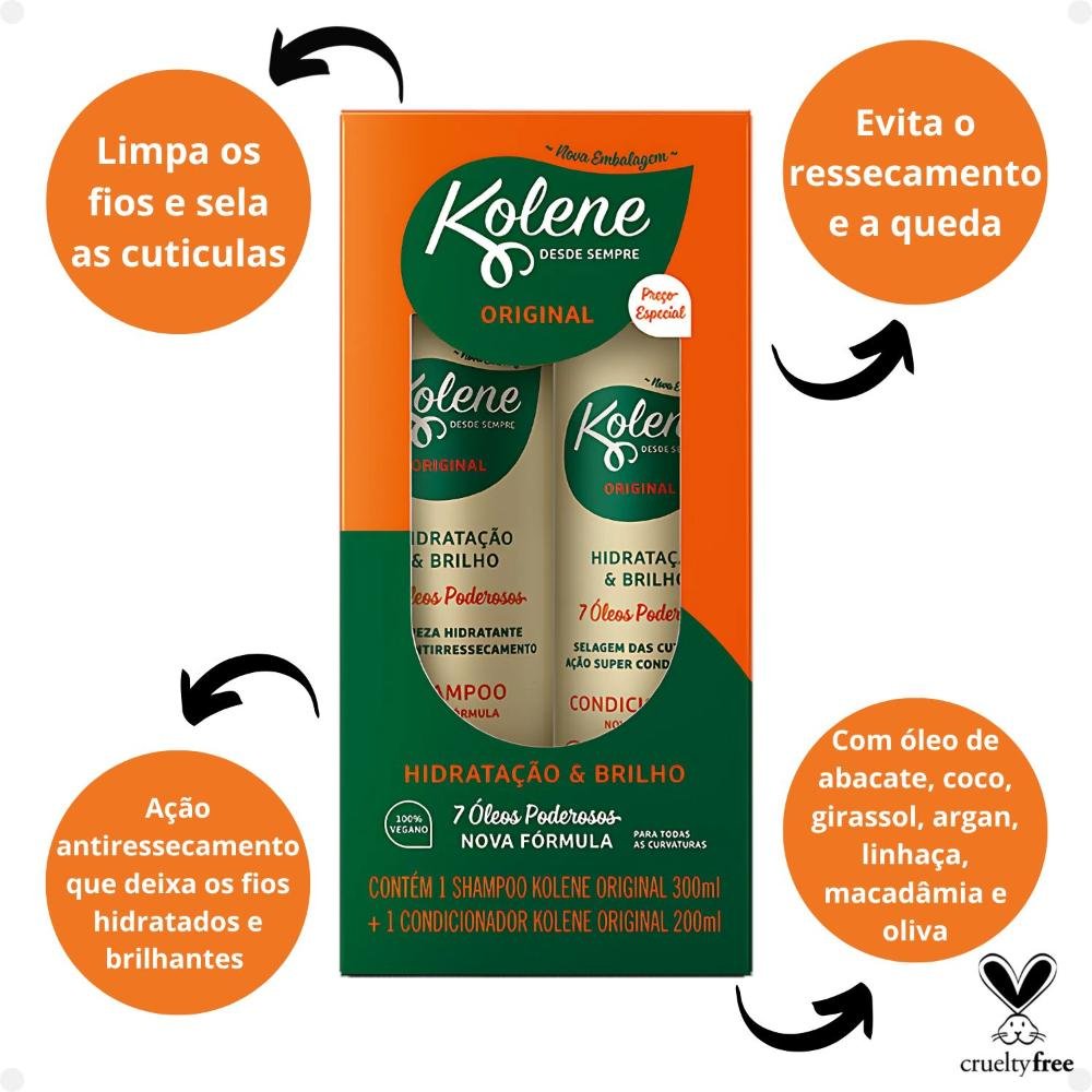 Kit Kolene Original Hidratação e Brilho: Shampoo 300ml e Condicionador 200ml ÚNICO 2