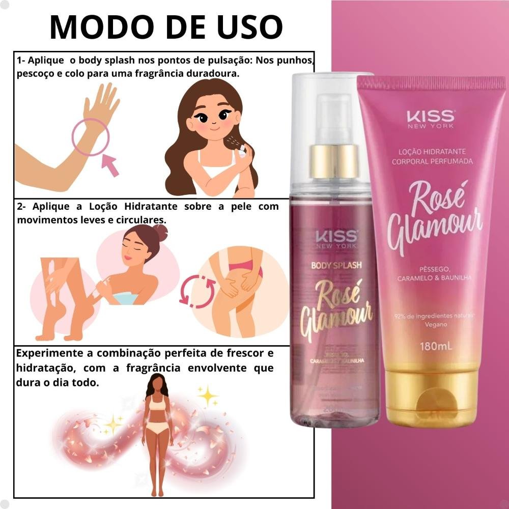 Kit Kiss New York Rosé Glamour: Body Splash 200ml e Loção Hidratante 180ml ÚNICO 5