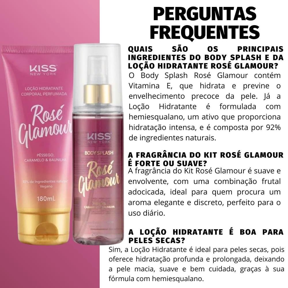 Kit Kiss New York Rosé Glamour: Body Splash 200ml e Loção Hidratante 180ml ÚNICO 6