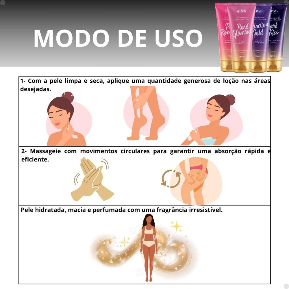 Kit Kiss New York Loção Corporal e Body Splash: Rosé Glamour, Seduction Gold, Dark Kiss e Pink Romance 180ml ÚNICO 4