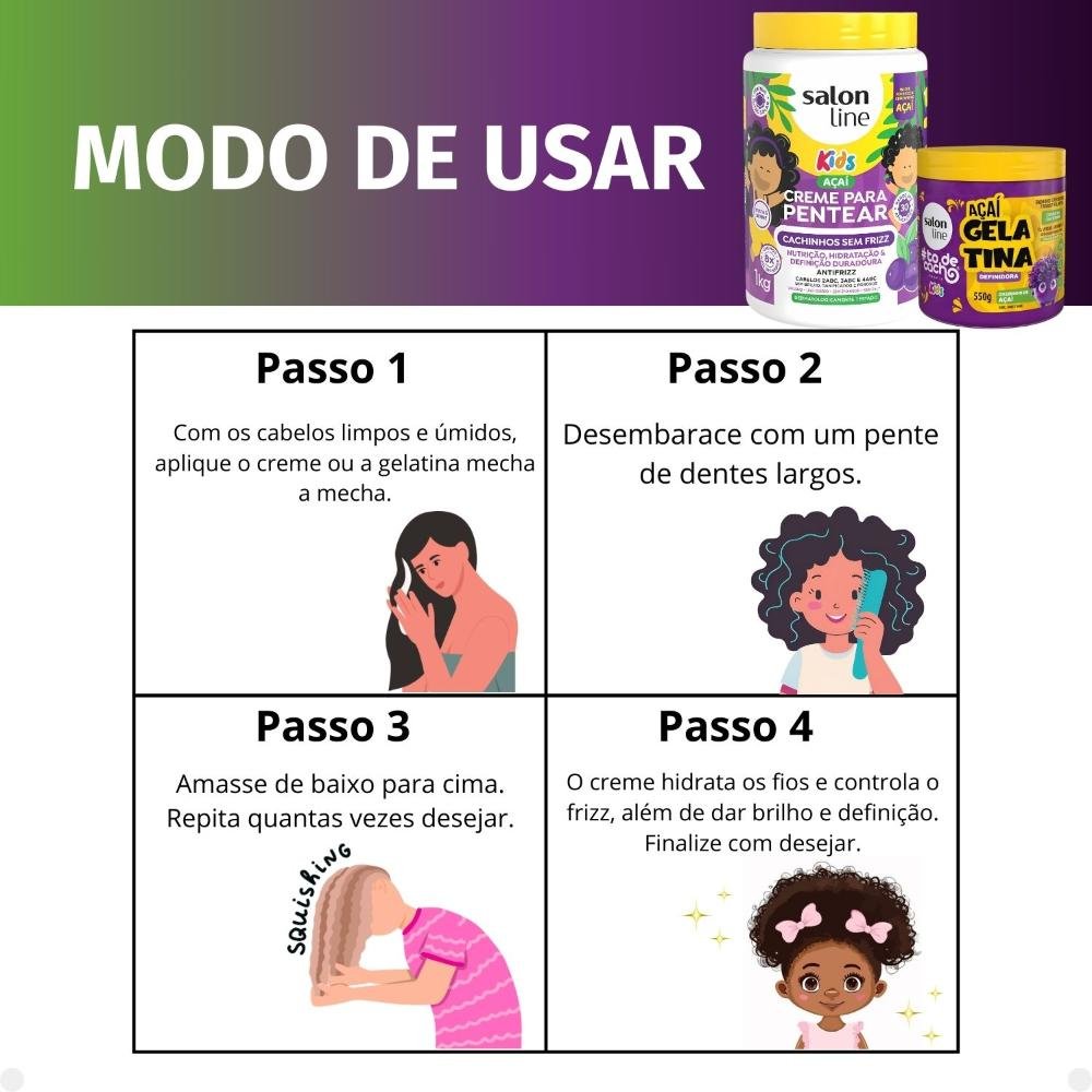 Kit Salon Line Kids: 1 Creme para Pentear e 1 Gelatina Definidora Açaí ÚNICO 5