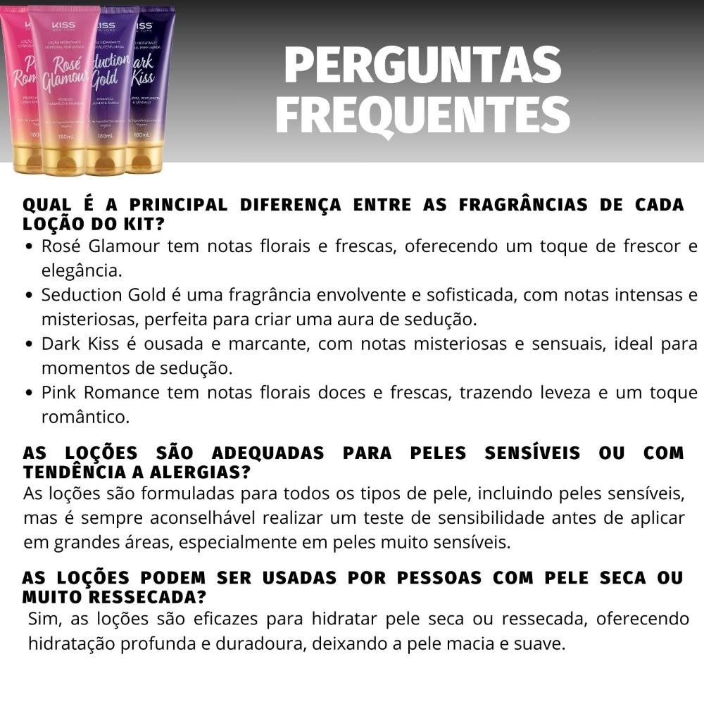 Kit Kiss New York Loção Corporal: Rosé Glamour, Seduction Gold, Dark Kiss e Pink Romance 180ml ÚNICO 4