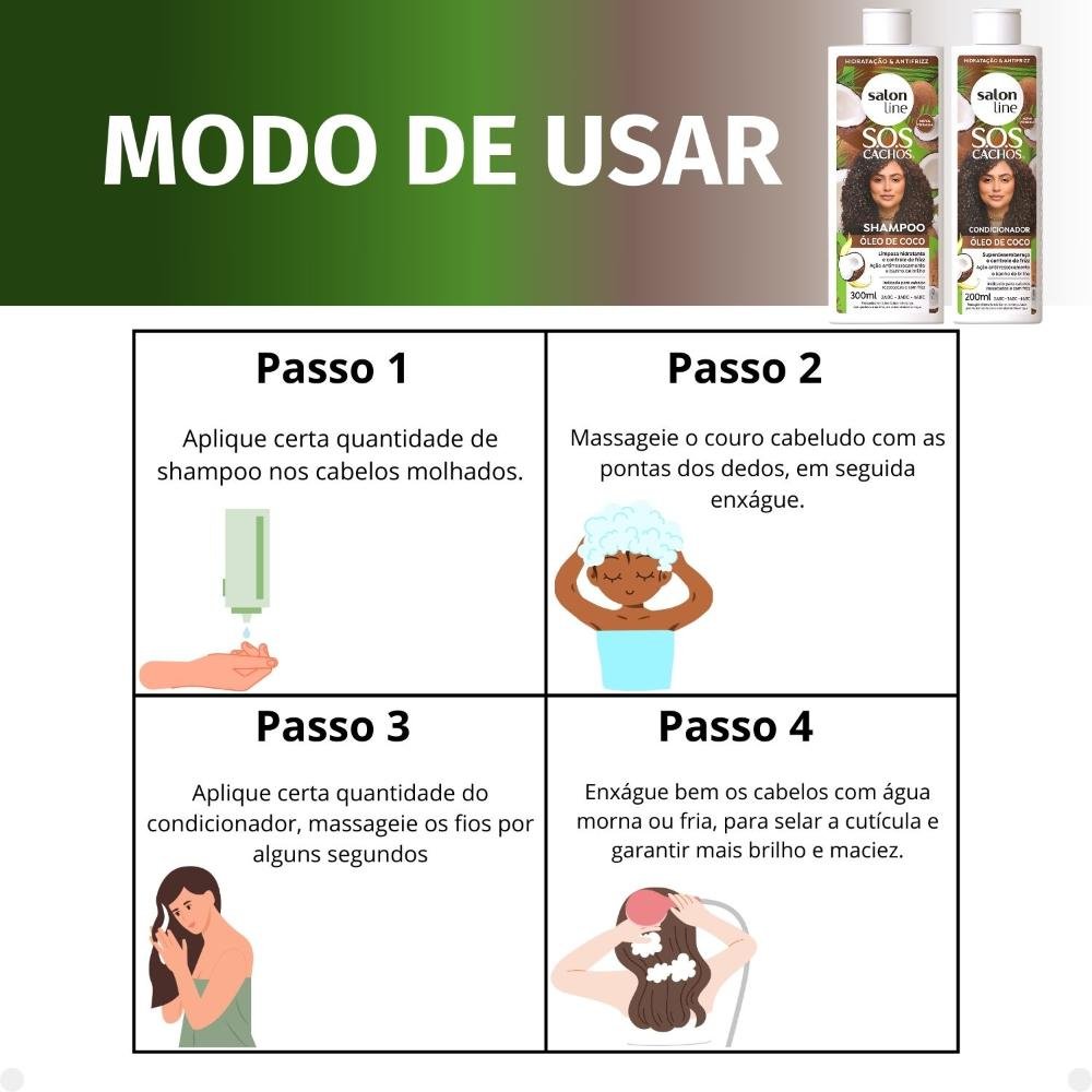 Kit Salon Line SOS Cachos: Shampoo 300ml e Condicionador 200ml Óleo de Coco ÚNICO 4