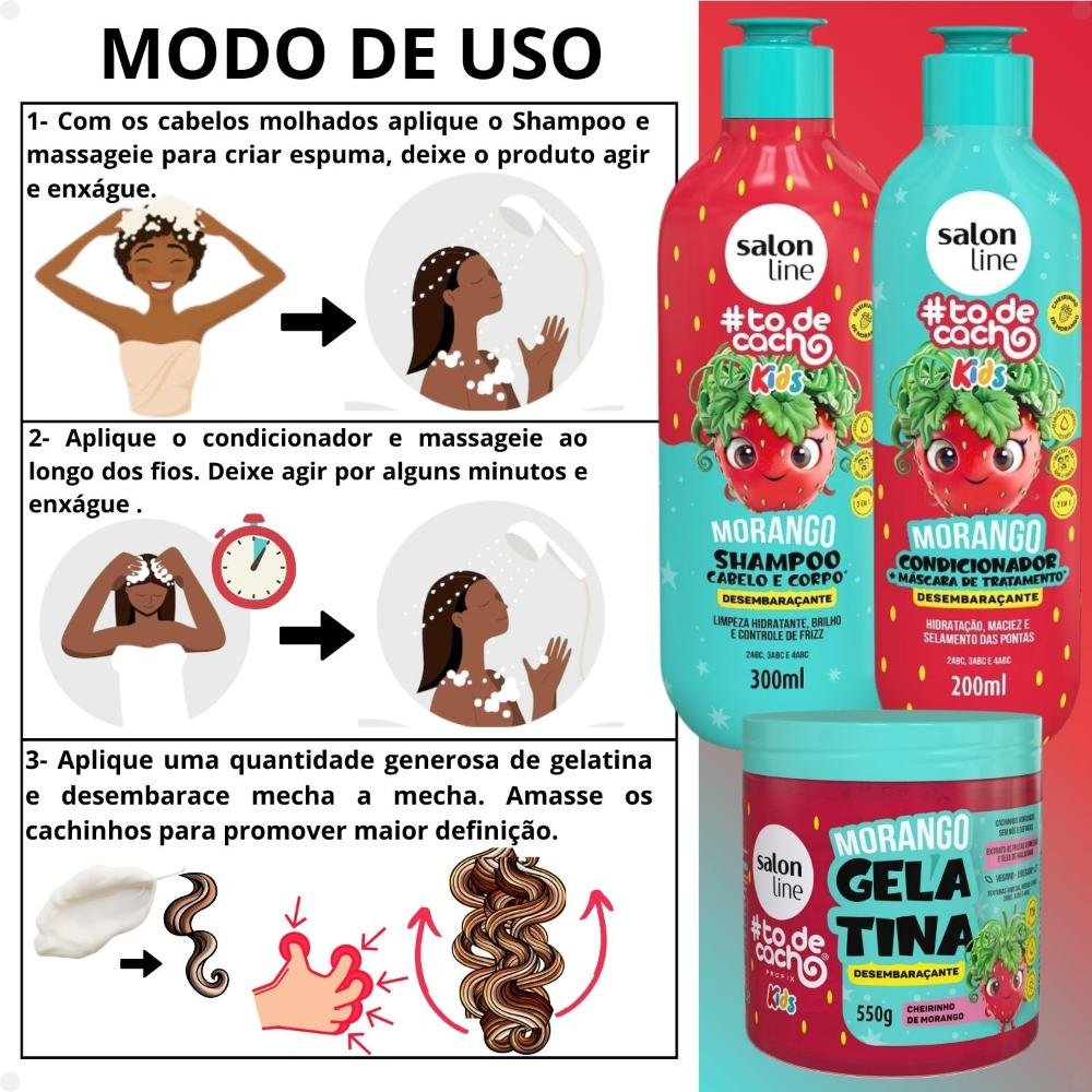 Kit Salon Line Kids #todecacho: Shampoo e Condicionador + Gelatina Desembaraçante Morango ÚNICO 4