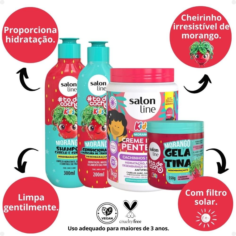 Kit Salon Line Kids: Shampoo e Condicionador + Creme para Pentear 1kg e Gelatina Desembaraçante Morango ÚNICO 2