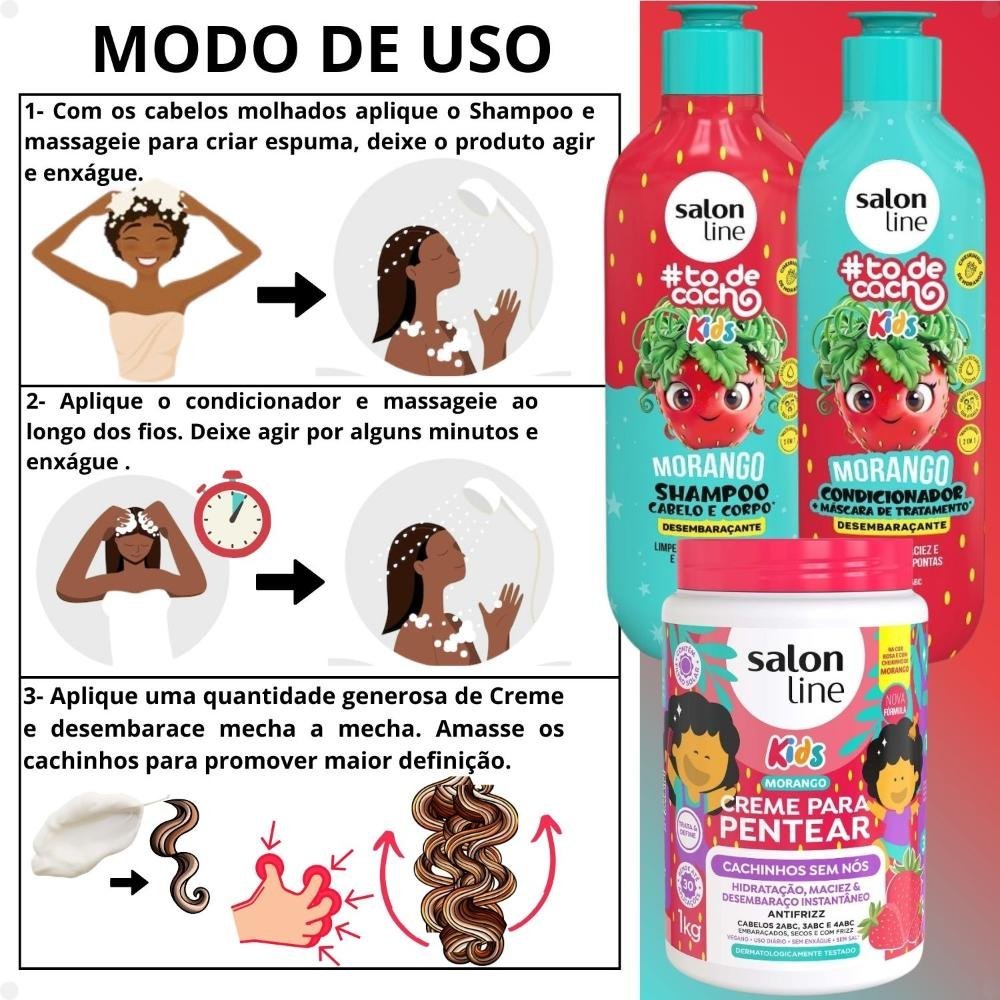 Kit Salon Line Kids: Shampoo e Condicionador + Creme para Pentear 1kg e Gelatina Desembaraçante Morango ÚNICO 3