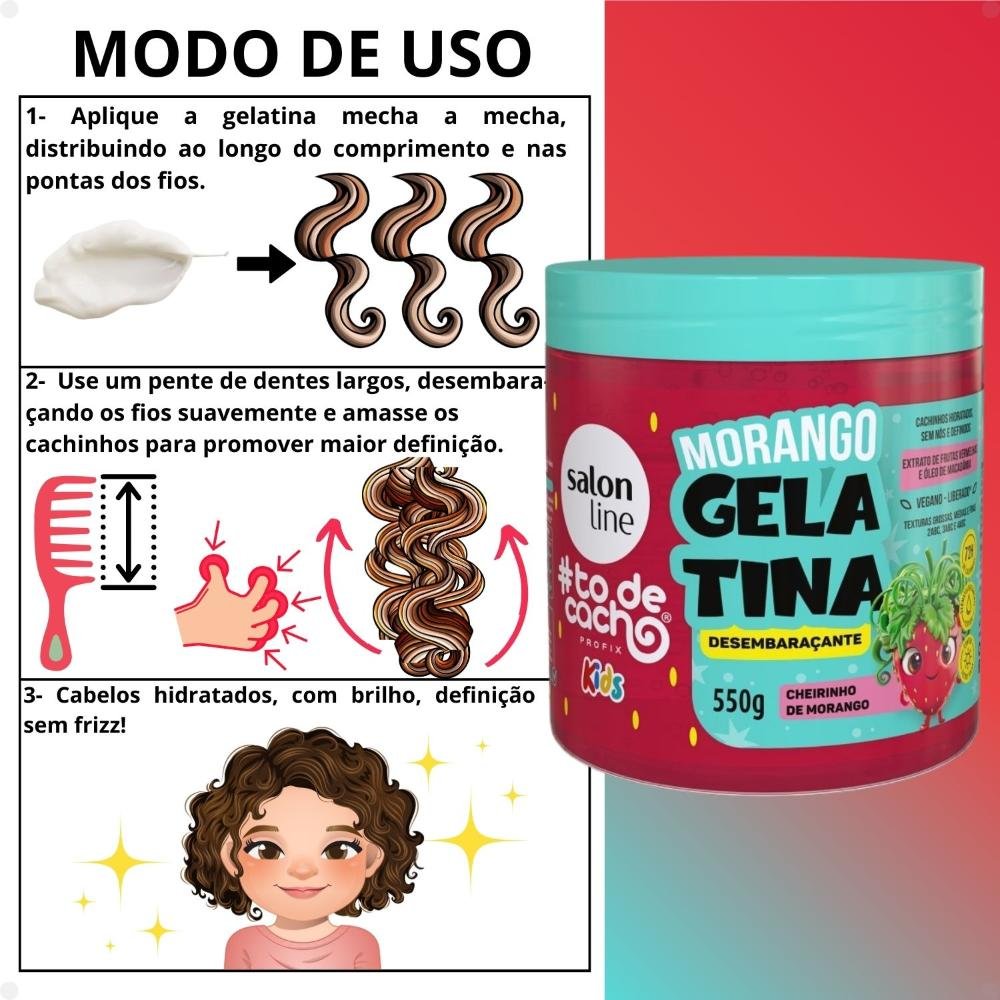 Kit Salon Line Kids: Shampoo e Condicionador + Creme para Pentear 1kg e Gelatina Desembaraçante Morango ÚNICO 4