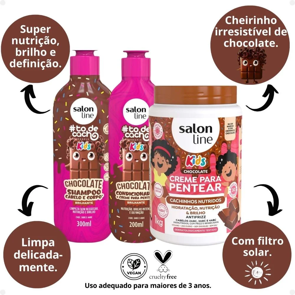 Kit Salon Line Kids: Shampoo e Condicionador + Creme para Pentear Chocolate ÚNICO 2