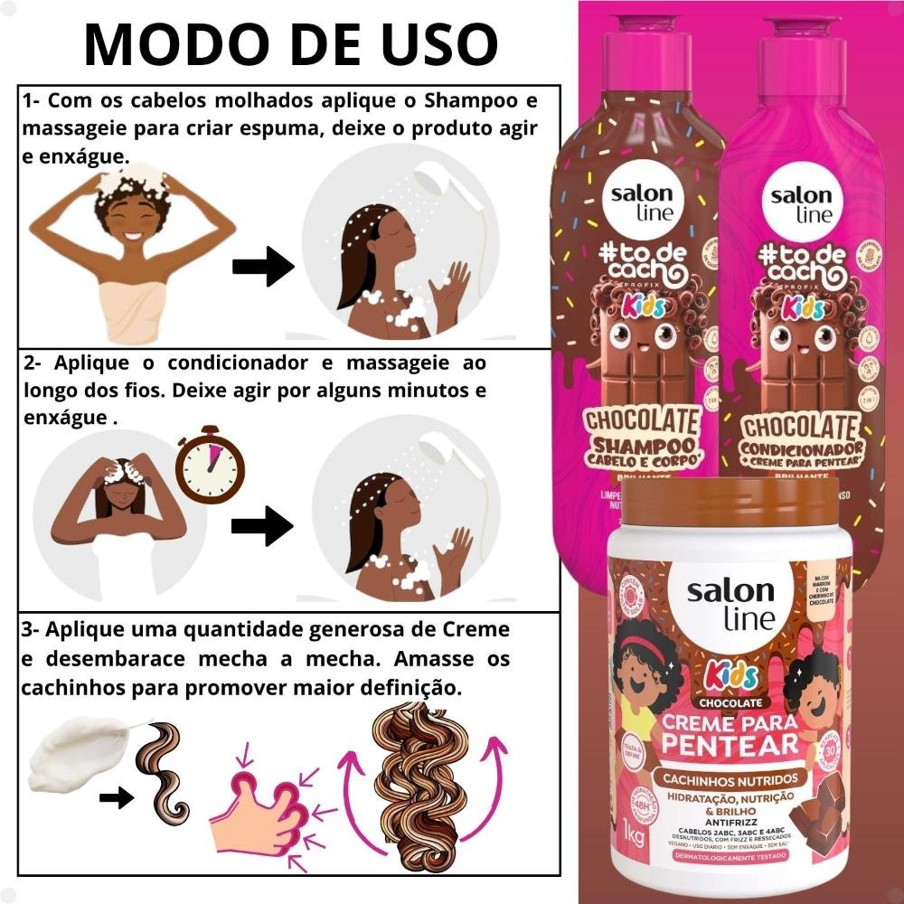 Kit Salon Line Kids: Shampoo e Condicionador + Creme para Pentear Chocolate ÚNICO 4