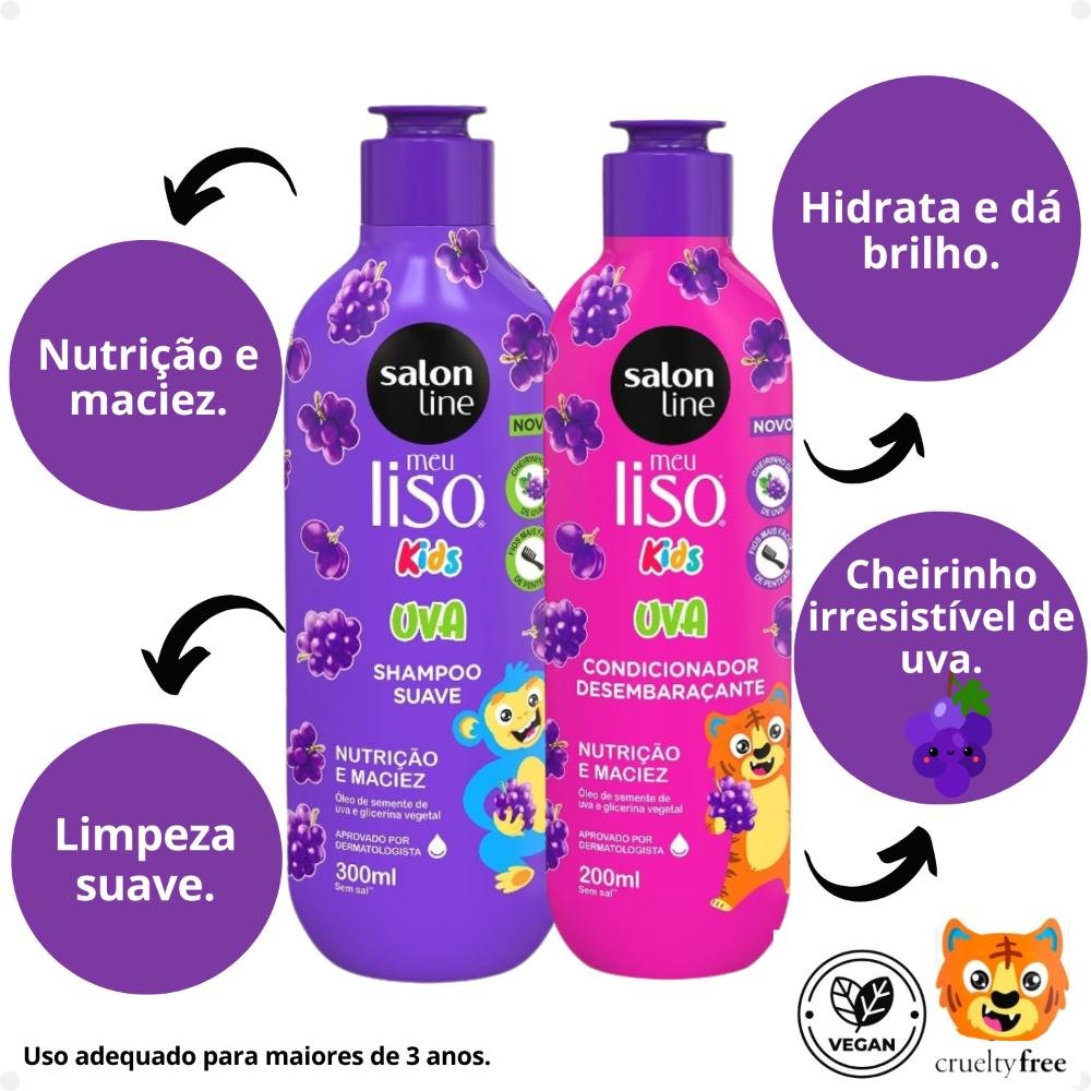 Kit Salon Line Meu Liso Kids: Shampoo 300ml e Condicionador 200ml Uva ÚNICO 4