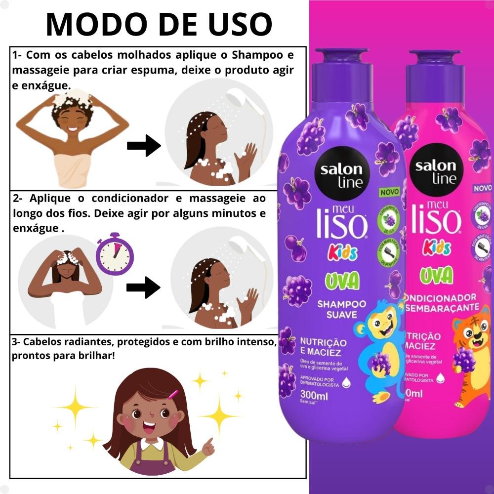 Kit Salon Line Meu Liso Kids: Shampoo 300ml e Condicionador 200ml Uva ÚNICO 6