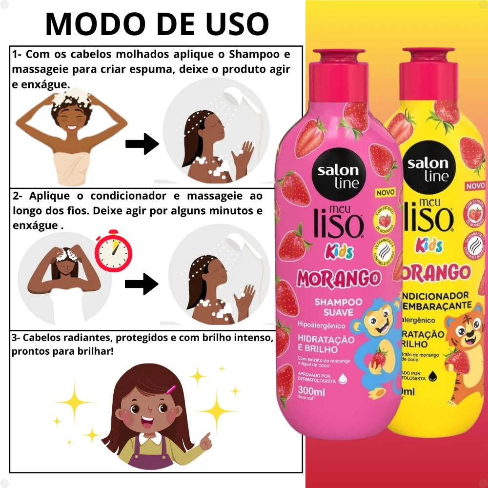 Kit Salon Line Meu Liso Kids: Shampoo 300ml e Condicionador 200ml Morango ÚNICO 4