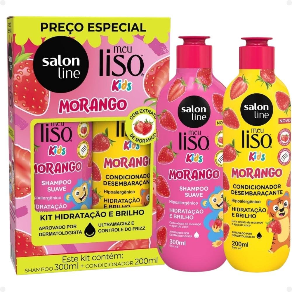 Kit Salon Line Meu Liso Kids: Shampoo 300ml e Condicionador 200ml Morango ÚNICO 6