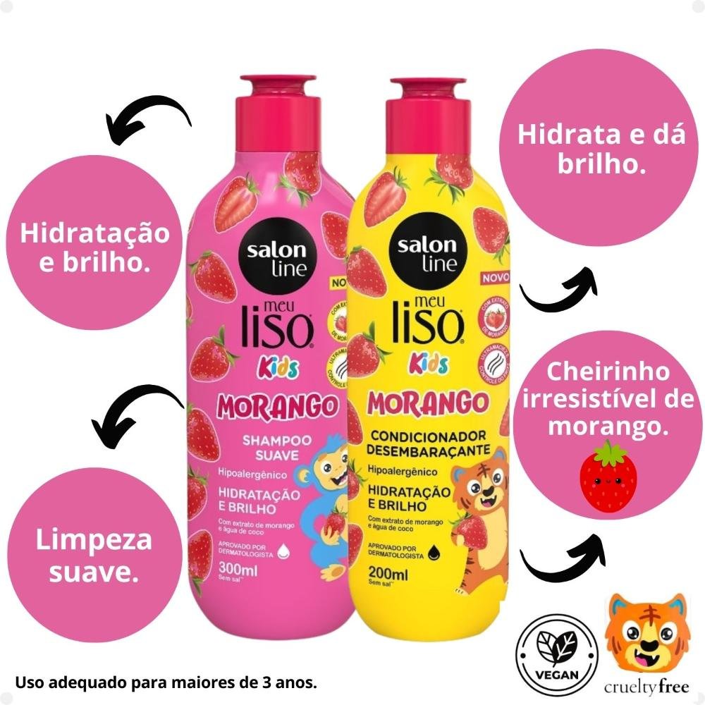 Kit Salon Line Meu Liso Kids: Shampoo 300ml e Condicionador 200ml Morango ÚNICO 7