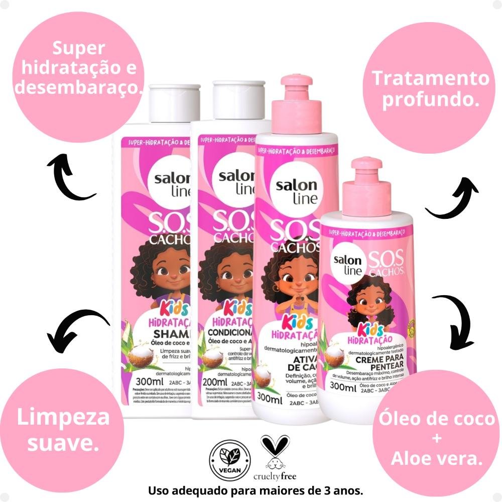 Kit Salon Line SOS Cachos Kids: Shampoo 300ml e Condicionador 200ml + Creme para Pentear 300ml e Ativador de Cachos 300ml Hidratação ÚNICO 2
