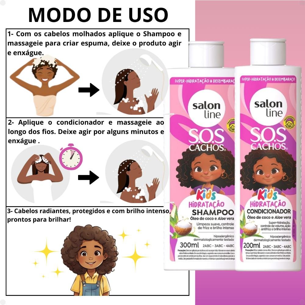 Kit Salon Line SOS Cachos Kids: Shampoo 300ml e Condicionador 200ml + Creme para Pentear 300ml e Ativador de Cachos 300ml Hidratação ÚNICO 3