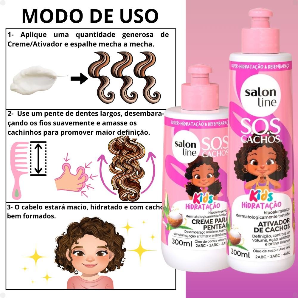 Kit Salon Line SOS Cachos Kids: Shampoo 300ml e Condicionador 200ml + Creme para Pentear 300ml e Ativador de Cachos 300ml Hidratação ÚNICO 4