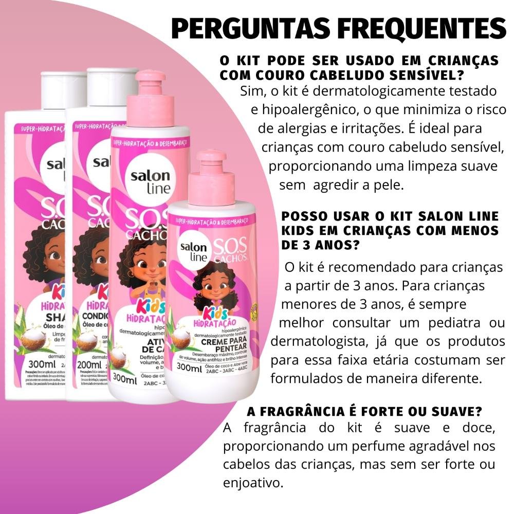 Kit Salon Line SOS Cachos Kids: Shampoo 300ml e Condicionador 200ml + Creme para Pentear 300ml e Ativador de Cachos 300ml Hidratação ÚNICO 5