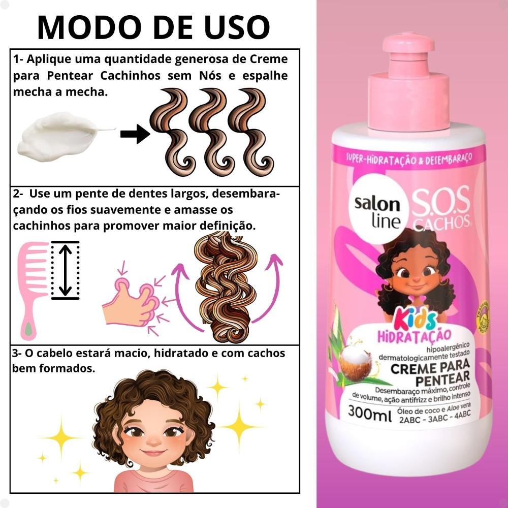 Kit Salon Line SOS Cachos Kids: Shampoo 300ml e Condicionador 200ml + Creme Para Pentear Hidratação 300ml 300ml 4