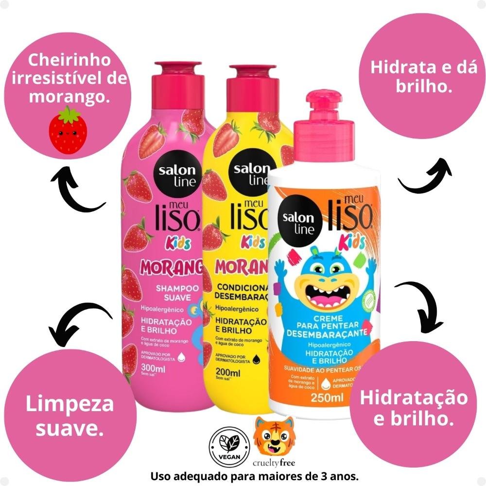 Kit Salon Line Meu Liso Kids: Shampoo 300ml e Condicionador 200ml Morango + Creme para Pentear 250ml 250ml 2