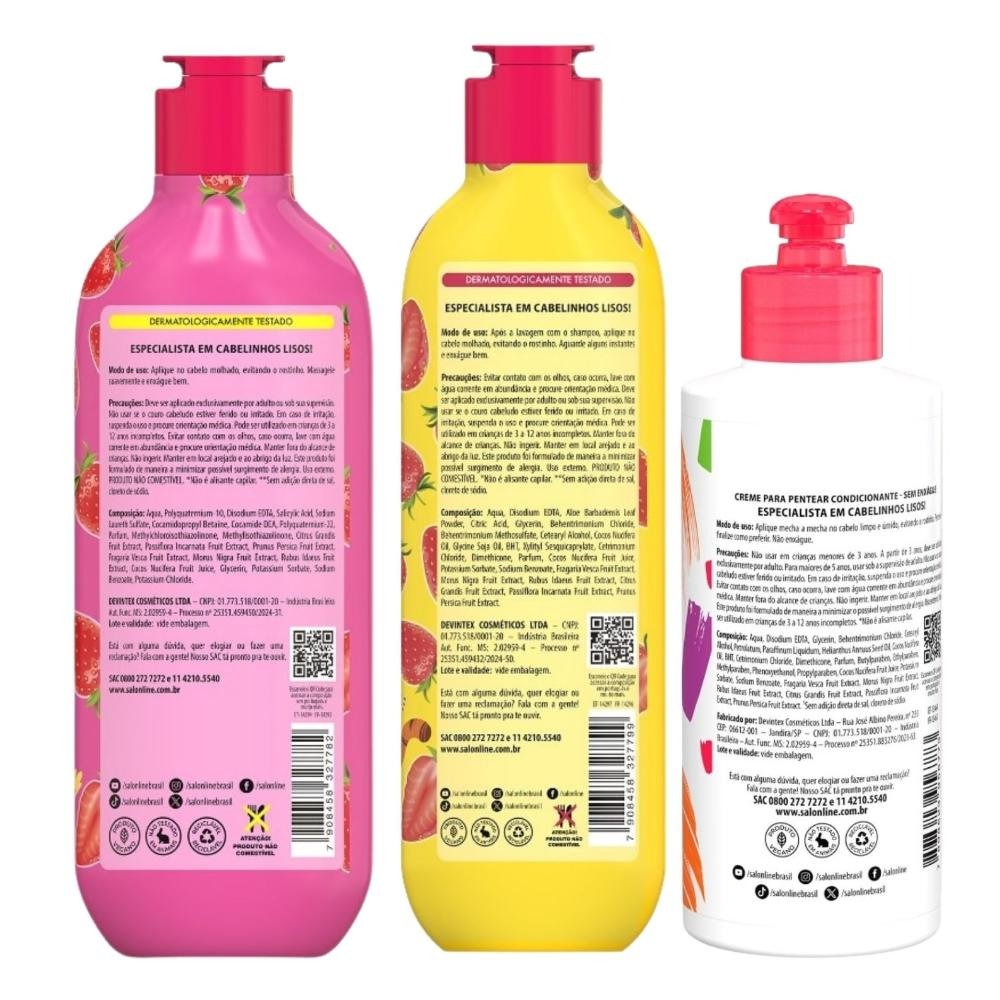Kit Salon Line Meu Liso Kids: Shampoo 300ml e Condicionador 200ml Morango + Creme para Pentear 250ml 250ml 3