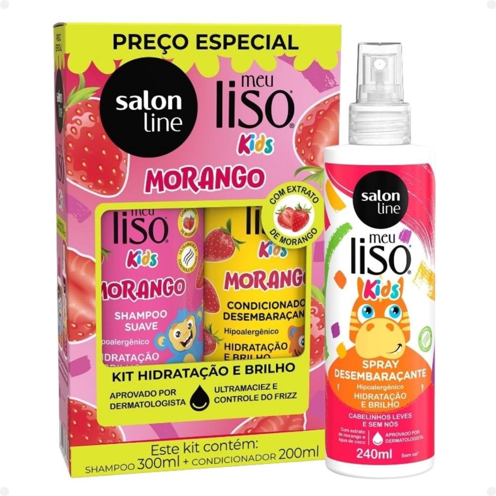 Kit Salon Line Meu Liso Kids: Shampoo 300ml e Condicionador 200ml Morango + Spray Desembaraçante 250ml 250ml 1