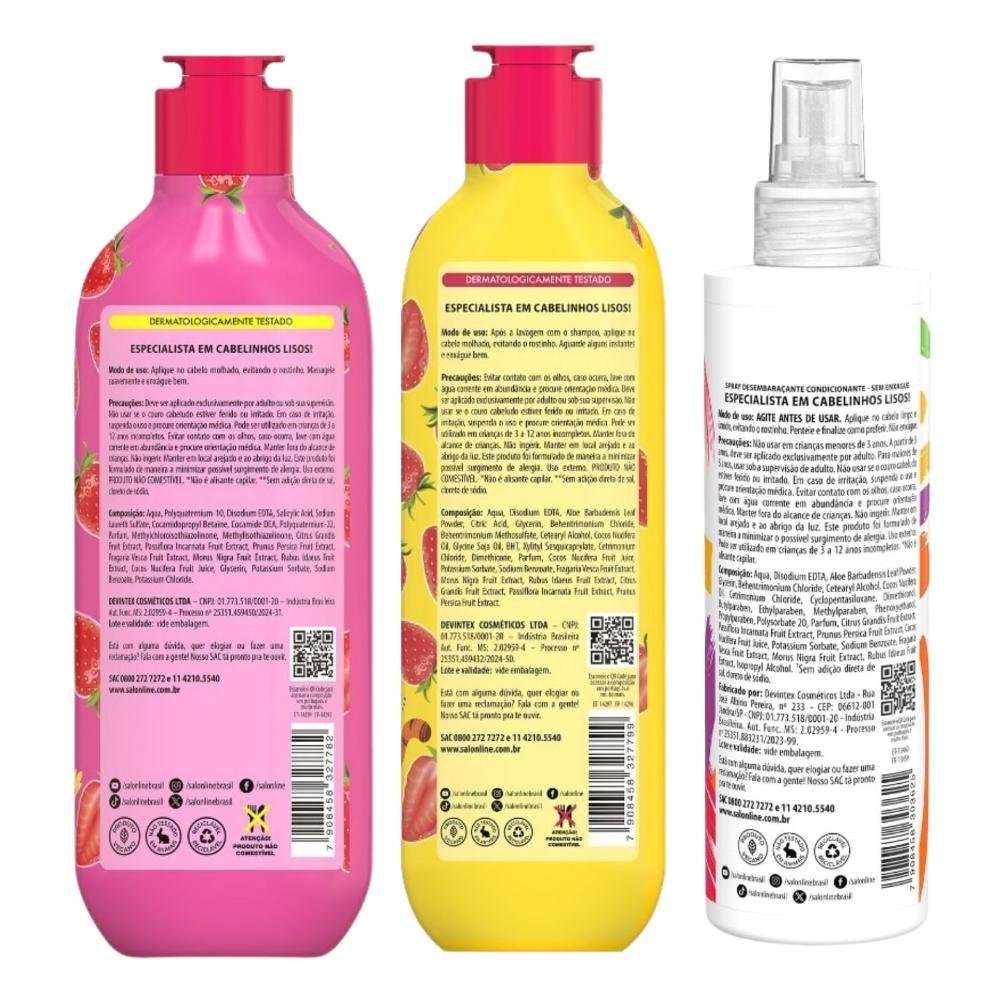 Kit Salon Line Meu Liso Kids: Shampoo 300ml e Condicionador 200ml Morango + Spray Desembaraçante 250ml 250ml 3