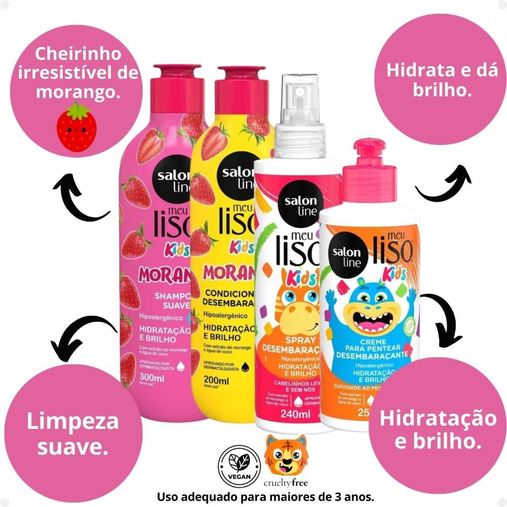 Kit Salon Line Meu Liso Kids: Shampoo 300ml e Condicionador 200ml Morango + Creme para Pentear 250ml e Spray Desembaraçante 240ml 240ml 2