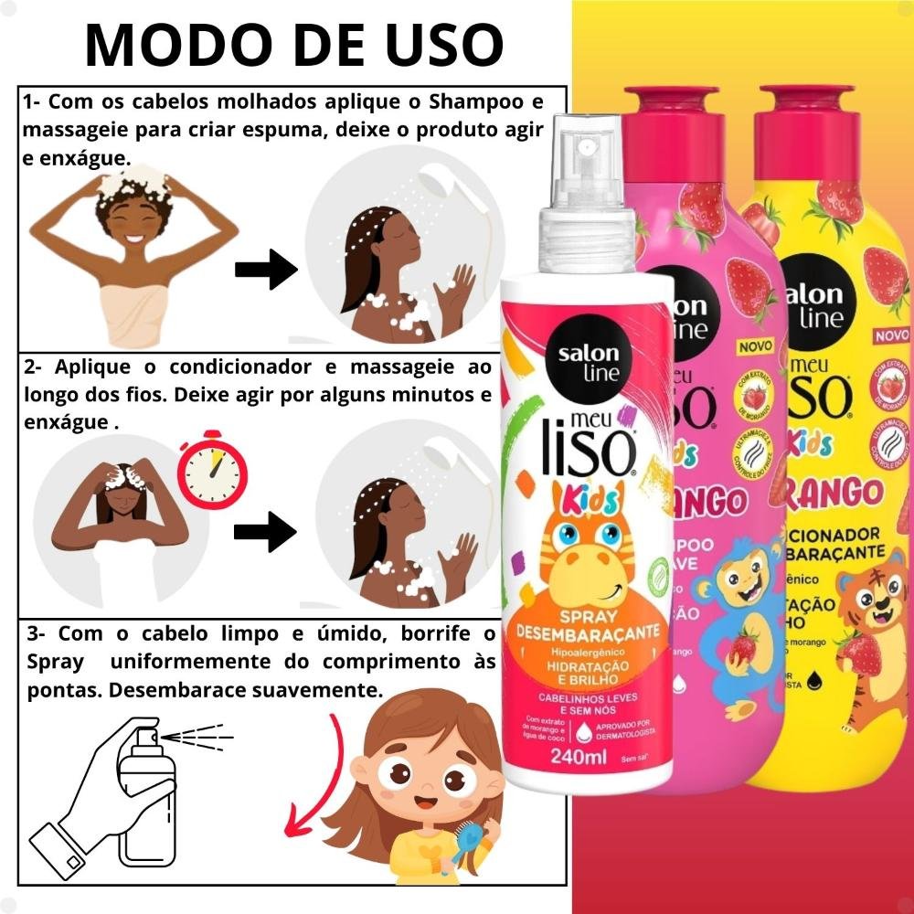 Kit Salon Line Meu Liso Kids: Shampoo 300ml e Condicionador 200ml Morango + Creme para Pentear 250ml e Spray Desembaraçante 240ml 240ml 3