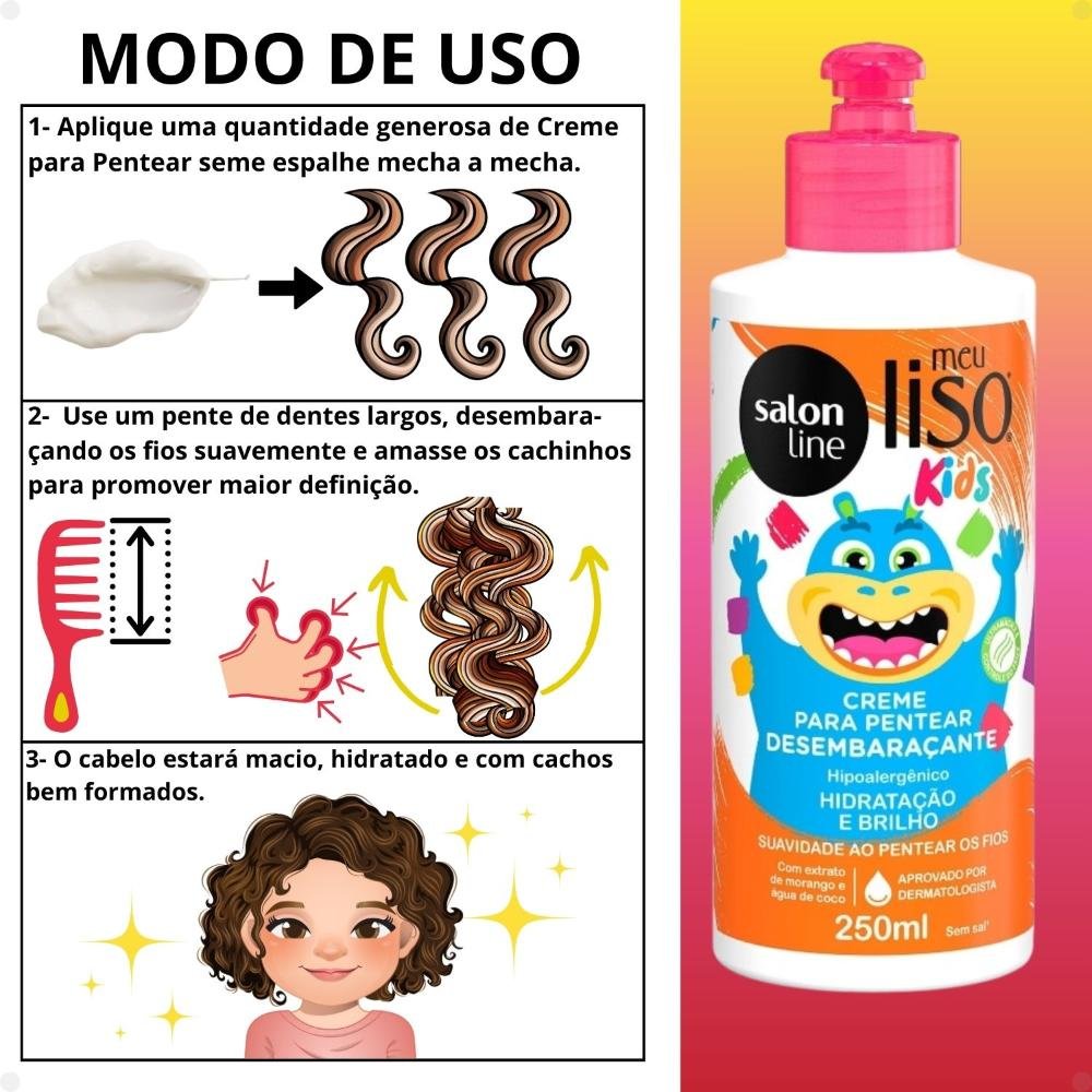 Kit Salon Line Meu Liso Kids: Shampoo 300ml e Condicionador 200ml Morango + Creme para Pentear 250ml e Spray Desembaraçante 240ml 240ml 4