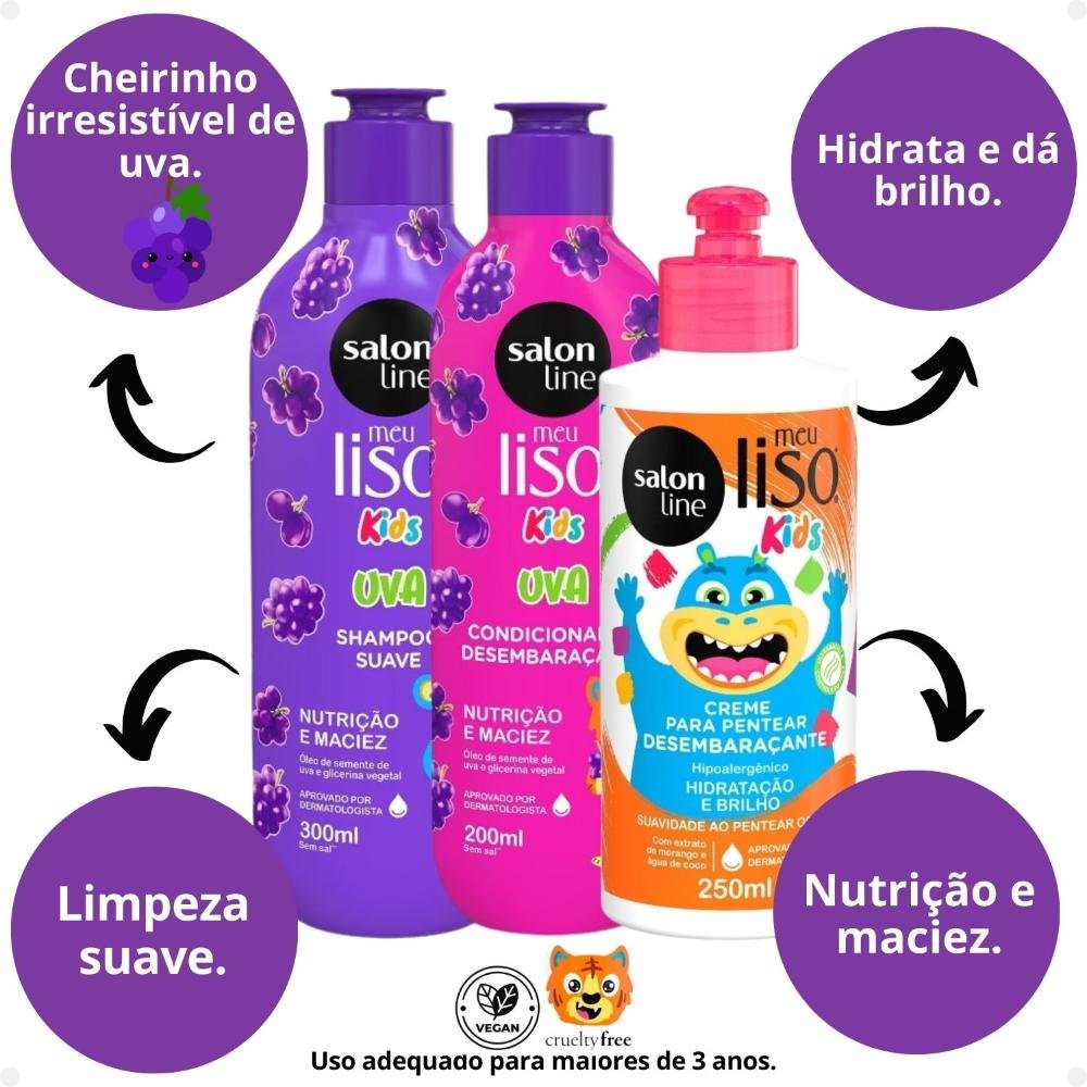 Kit Salon Line Meu Liso Kids: Shampoo 300ml e Condicionador 200ml Uva + Creme Para Pentear 250ml ÚNICO 2