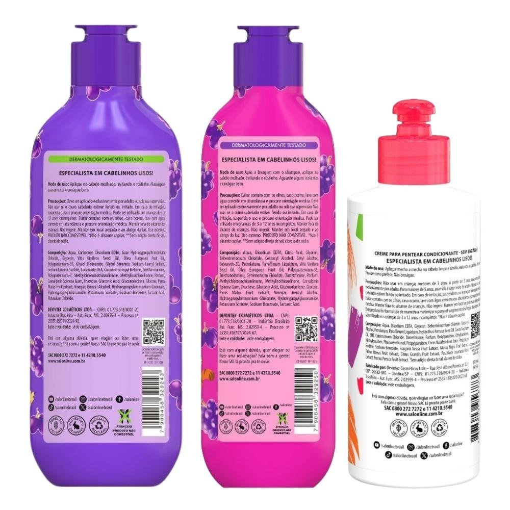Kit Salon Line Meu Liso Kids: Shampoo 300ml e Condicionador 200ml Uva + Creme Para Pentear 250ml ÚNICO 3