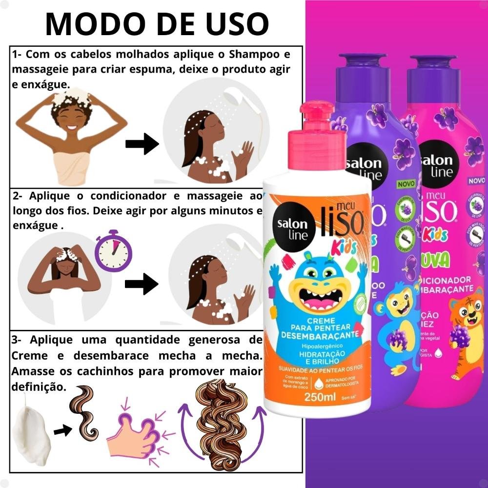 Kit Salon Line Meu Liso Kids: Shampoo 300ml e Condicionador 200ml Uva + Creme Para Pentear 250ml ÚNICO 4
