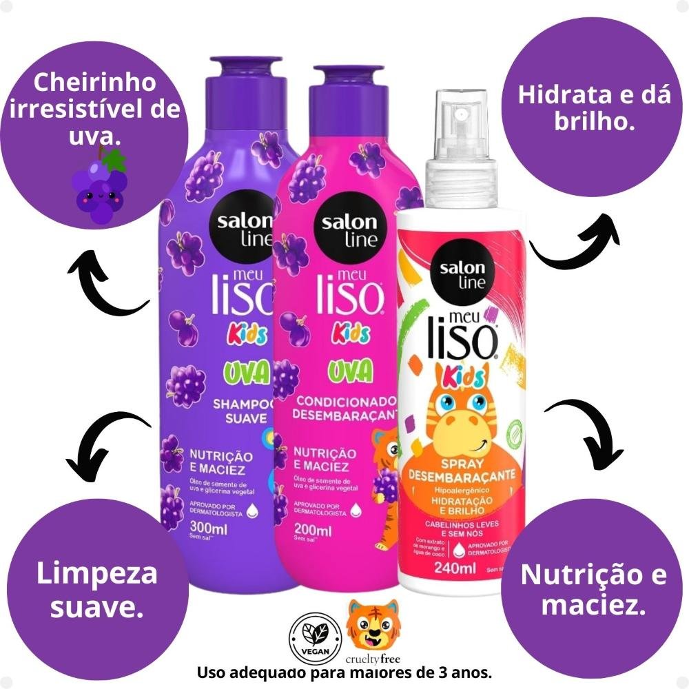 Kit Salon Line Meu Liso Kids: Shampoo 300ml e Condicionador 200ml Uva + Spray Desembaraçante 250ml ÚNICO 2
