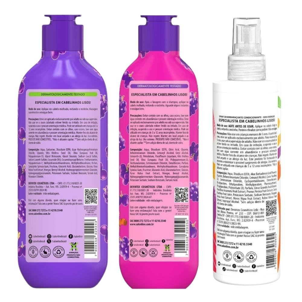 Kit Salon Line Meu Liso Kids: Shampoo 300ml e Condicionador 200ml Uva + Spray Desembaraçante 250ml ÚNICO 3