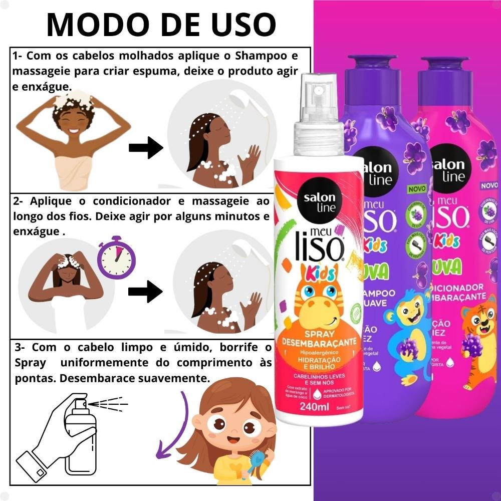 Kit Salon Line Meu Liso Kids: Shampoo 300ml e Condicionador 200ml Uva + Spray Desembaraçante 250ml ÚNICO 4
