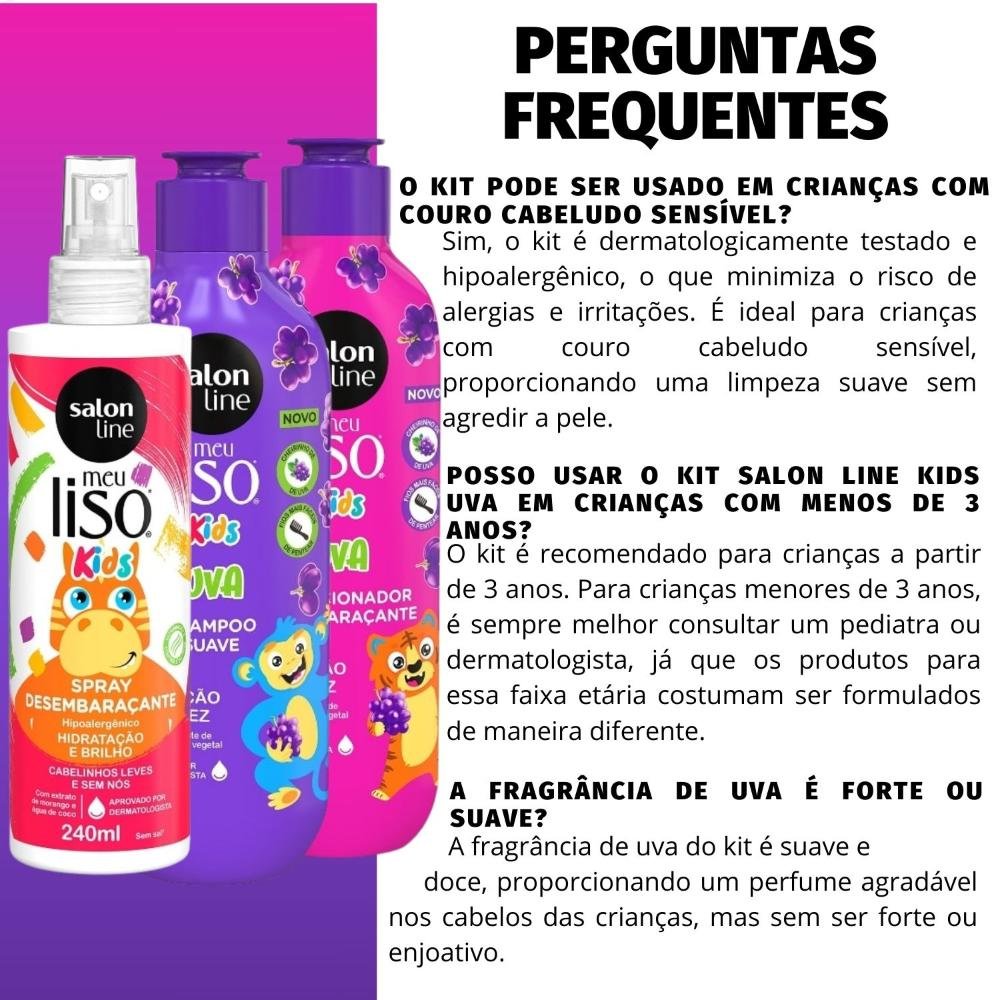 Kit Salon Line Meu Liso Kids: Shampoo 300ml e Condicionador 200ml Uva + Spray Desembaraçante 250ml ÚNICO 5