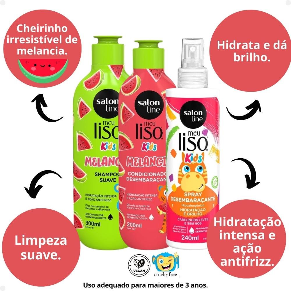 Kit Salon Line Meu Liso Kids: Shampoo 300ml e Condicionador 200ml Melancia + Spray Desembaraçante 250ml ÚNICO 2