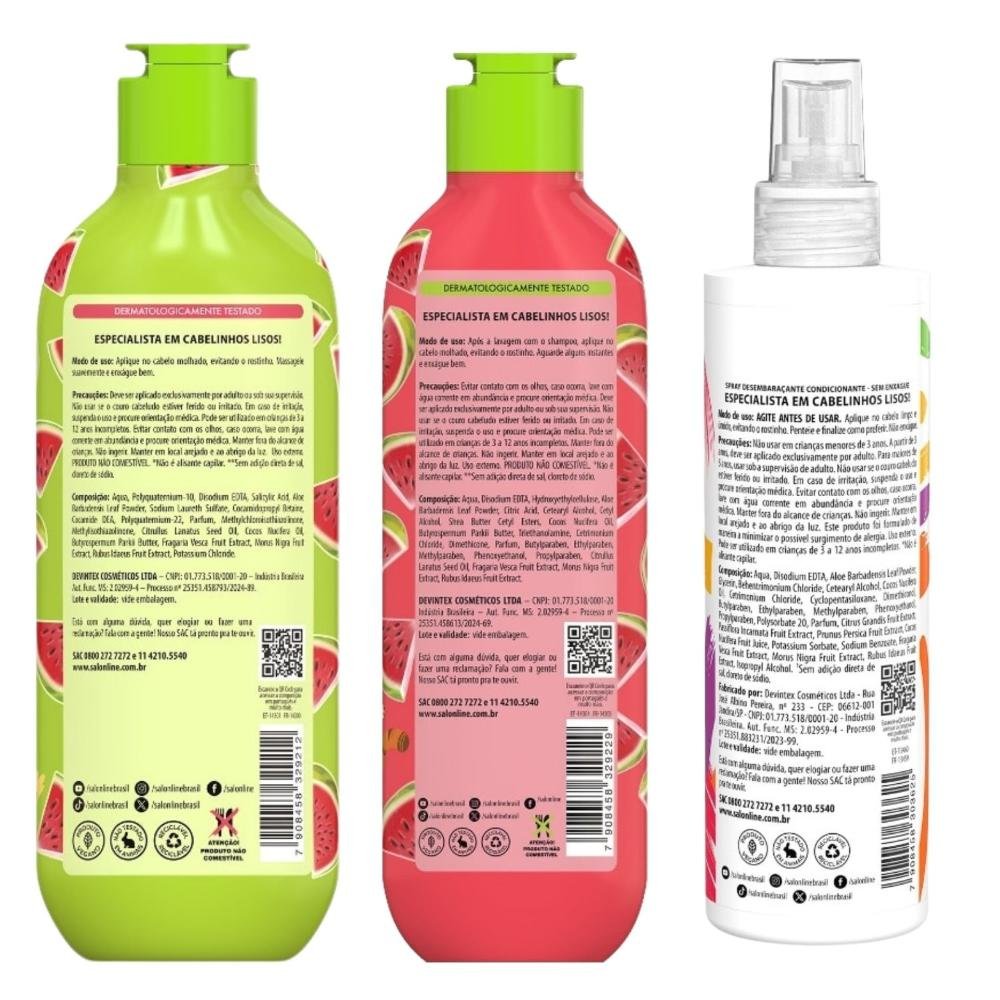 Kit Salon Line Meu Liso Kids: Shampoo 300ml e Condicionador 200ml Melancia + Spray Desembaraçante 250ml ÚNICO 3