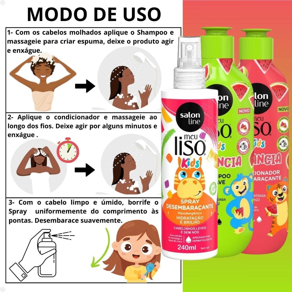 Kit Salon Line Meu Liso Kids: Shampoo 300ml e Condicionador 200ml Melancia + Spray Desembaraçante 250ml ÚNICO 4