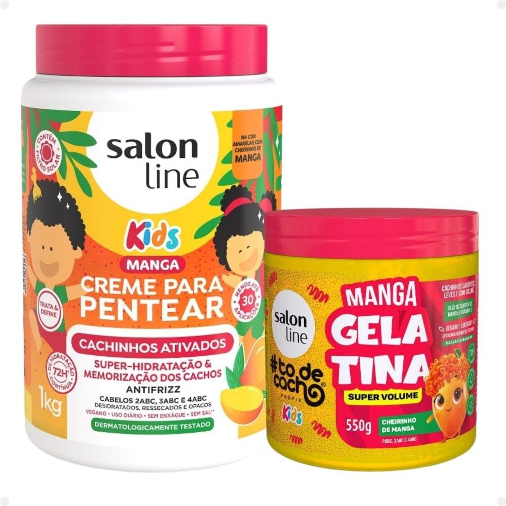 Kit Salon Line Kids: 1 Creme para Pentear Cachinhos Ativados e 1 Gelatina Super Volume #todecacho Manga