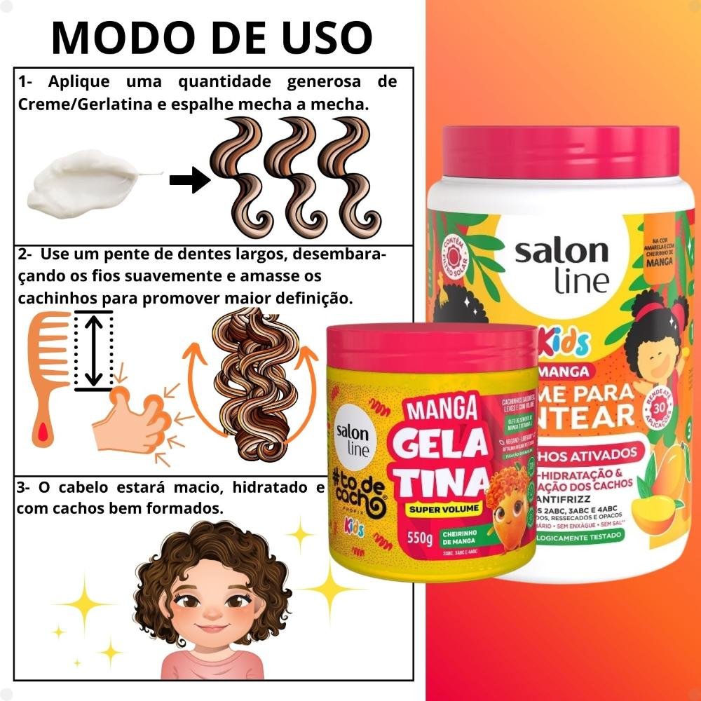 Kit Salon Line Kids: 1 Creme para Pentear Cachinhos Ativados e 1 Gelatina Super Volume #todecacho Manga ÚNICO 4