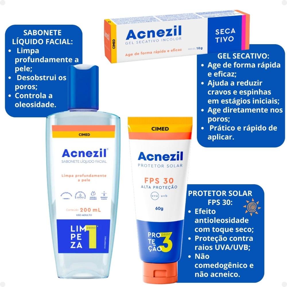 Kit Cimed Acnezil: 1 Sabonete Líquido 200ml, 1 Protetor Solar FPS 30 60g e 1 Gel Secativo 10g ÚNICO 2