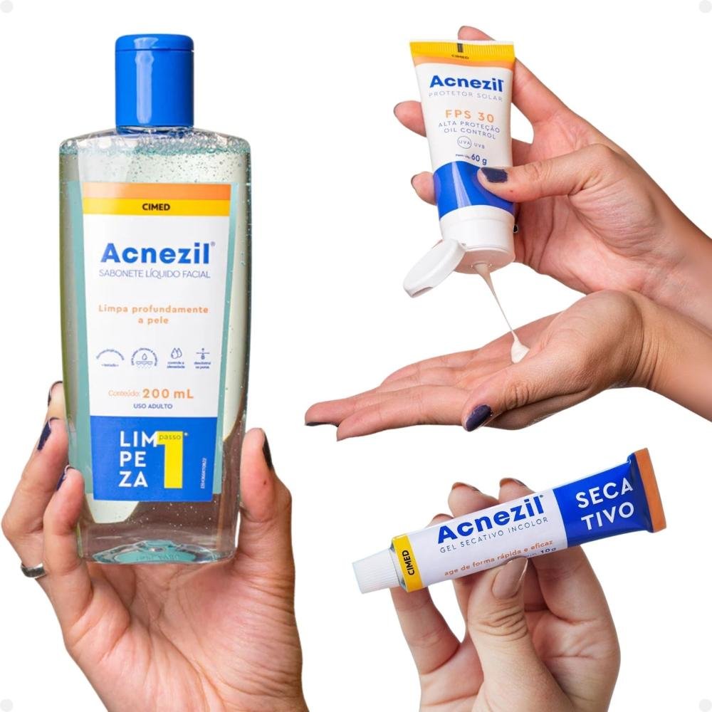 Kit Cimed Acnezil: 1 Sabonete Líquido 200ml, 1 Protetor Solar FPS 30 60g e 1 Gel Secativo 10g ÚNICO 3