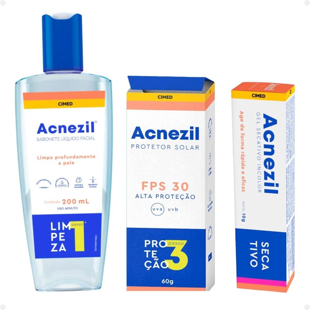 Kit Cimed Acnezil: 1 Sabonete Líquido 200ml, 1 Protetor Solar FPS 30 60g e 1 Gel Secativo 10g ÚNICO 4